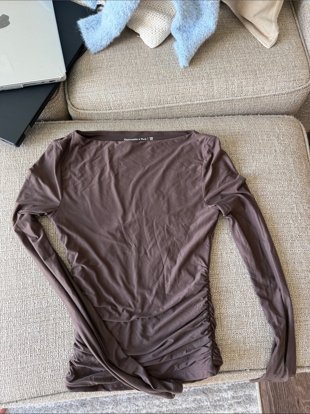 Abercrombie & Fitch Women's Long-Sleeve Ruched Chocolate Brown Top